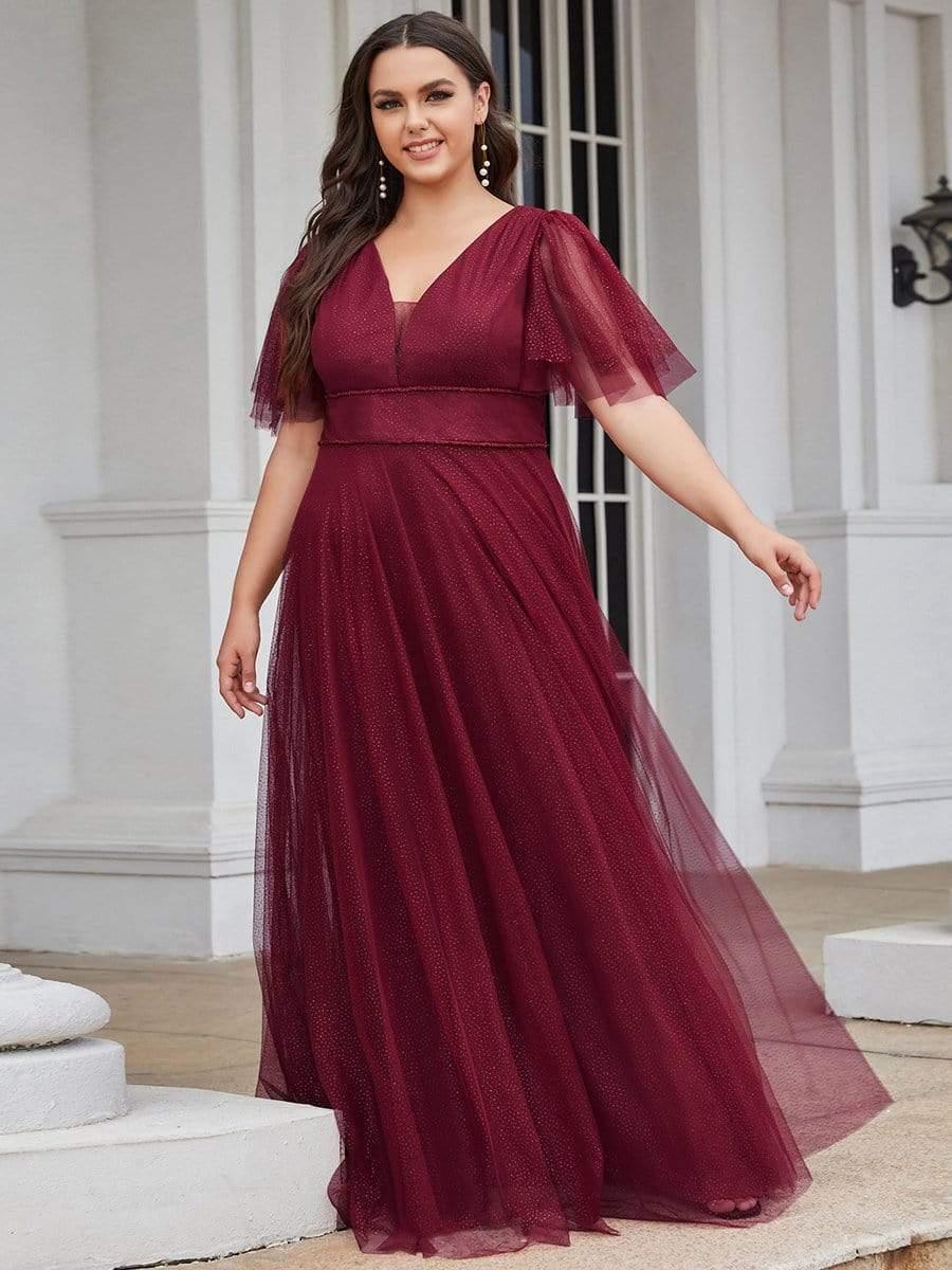Romantic Plus Size A-Line Tulle Formal Evening Dress with Ruffle Sleeves