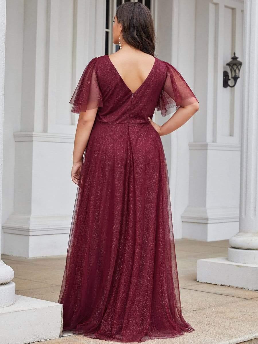 Romantic Plus Size A-Line Tulle Formal Evening Dress with Ruffle Sleeves
