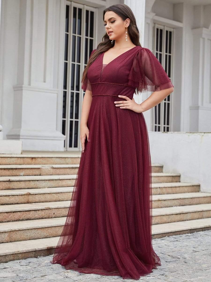 Romantic Plus Size A-Line Tulle Formal Evening Dress with Ruffle Sleeves