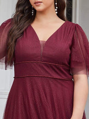 Romantic Plus Size A-Line Tulle Formal Evening Dress with Ruffle Sleeves