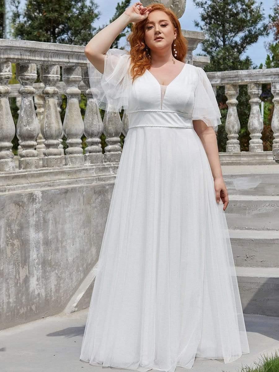 Romantic Plus Size A-Line Tulle Formal Evening Dress with Ruffle Sleeves