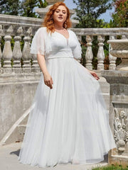 Romantic Plus Size A-Line Tulle Formal Evening Dress with Ruffle Sleeves