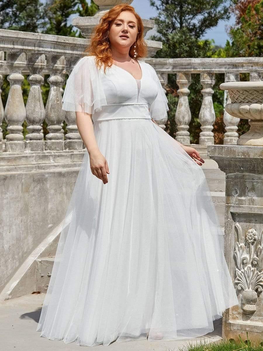 Romantic Plus Size A-Line Tulle Formal Evening Dress with Ruffle Sleeves