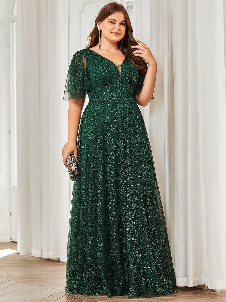 Romantic Plus Size A-Line Tulle Formal Evening Dress with Ruffle Sleeves