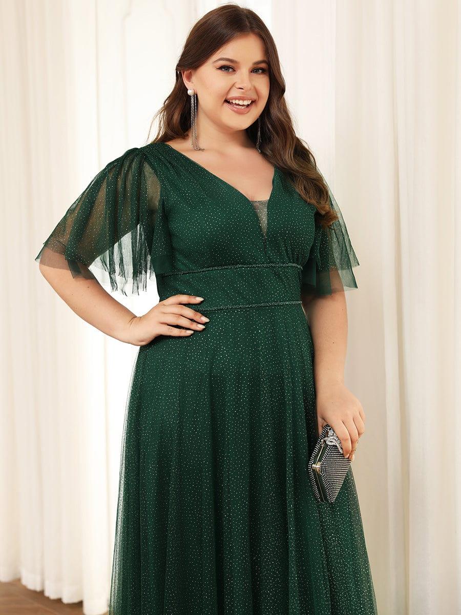 Romantic Plus Size A-Line Tulle Formal Evening Dress with Ruffle Sleeves