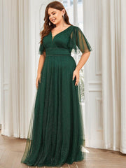 Romantic Plus Size A-Line Tulle Formal Evening Dress with Ruffle Sleeves