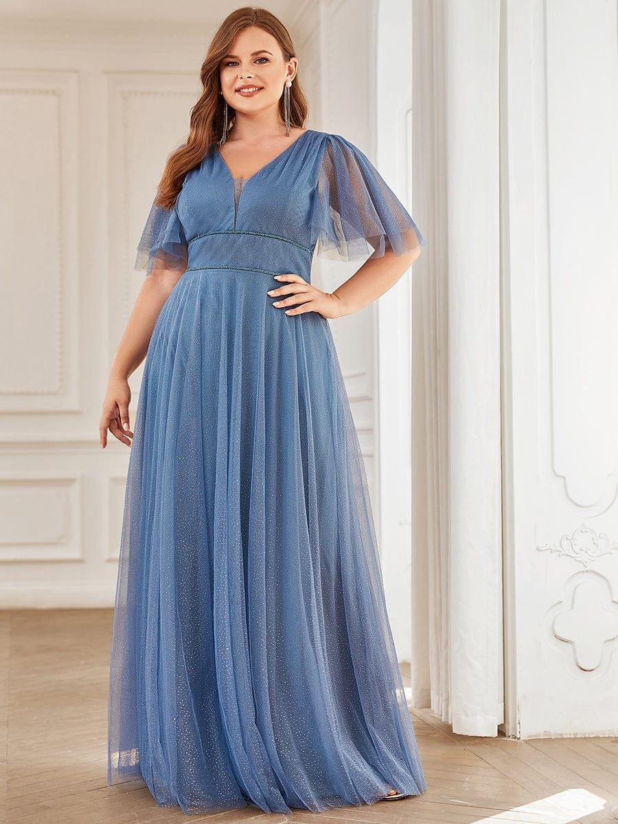 Romantic Plus Size A-Line Tulle Formal Evening Dress with Ruffle Sleeves