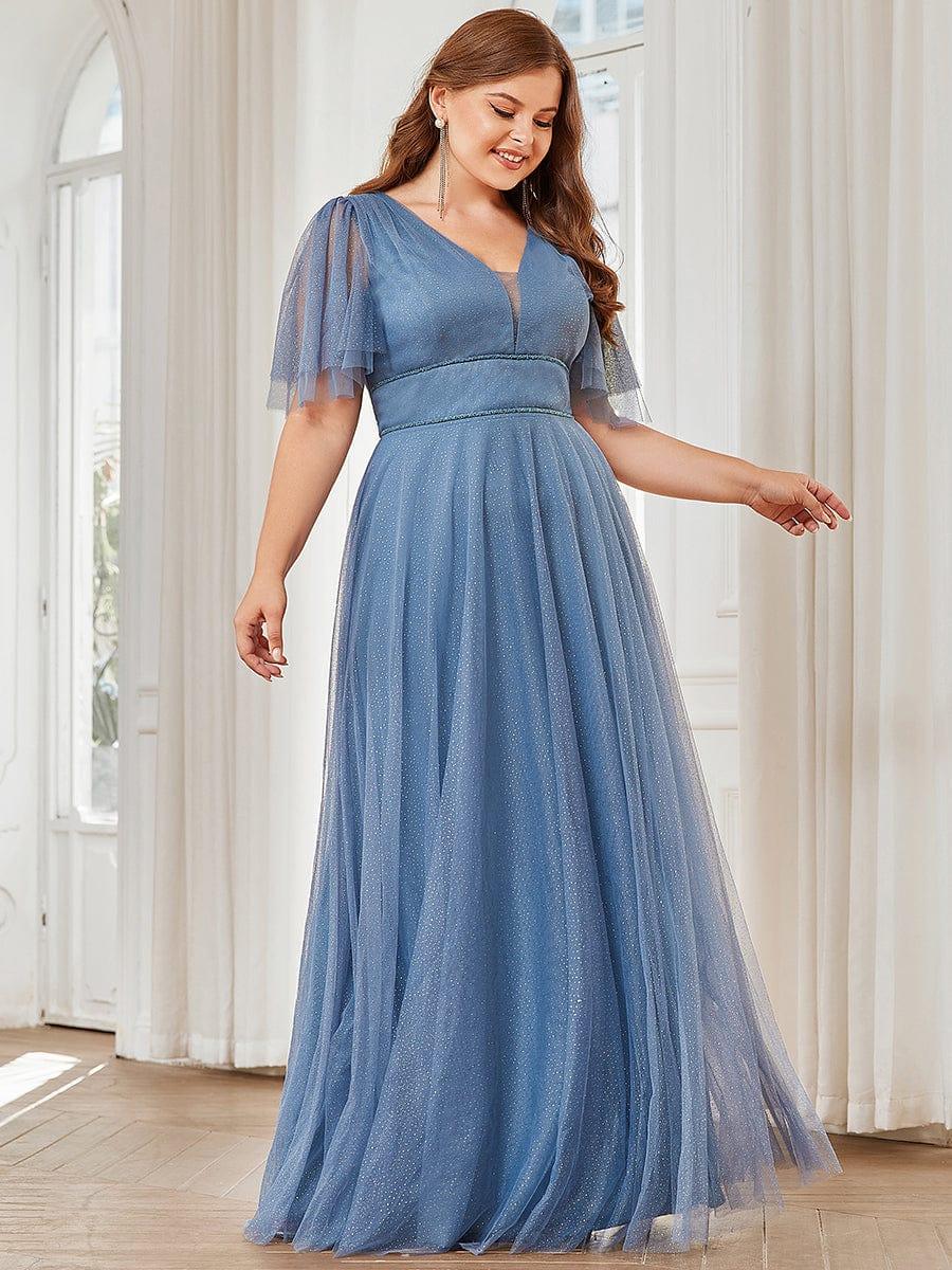 Romantic Plus Size A-Line Tulle Formal Evening Dress with Ruffle Sleeves