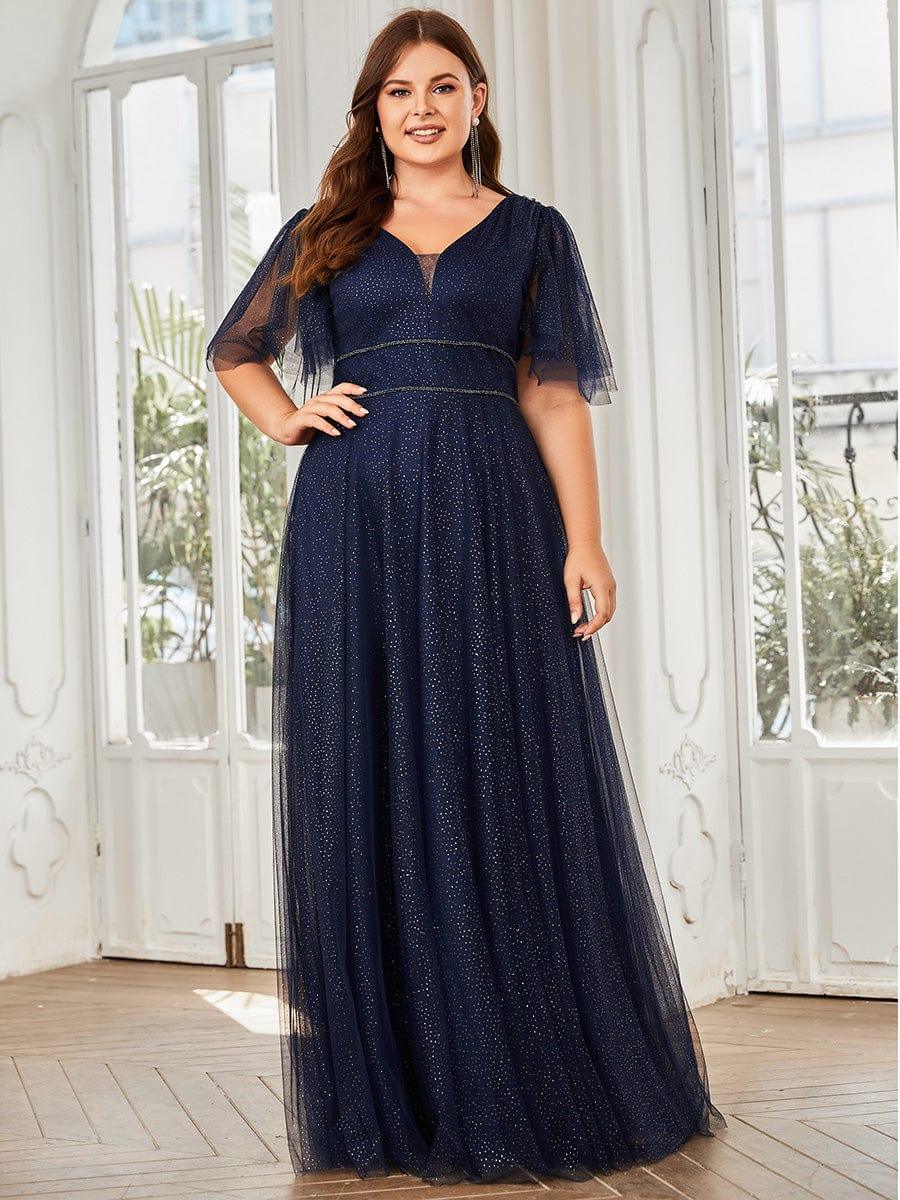 Romantic Plus Size A-Line Tulle Formal Evening Dress with Ruffle Sleeves