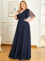 Romantic Plus Size A-Line Tulle Formal Evening Dress with Ruffle Sleeves