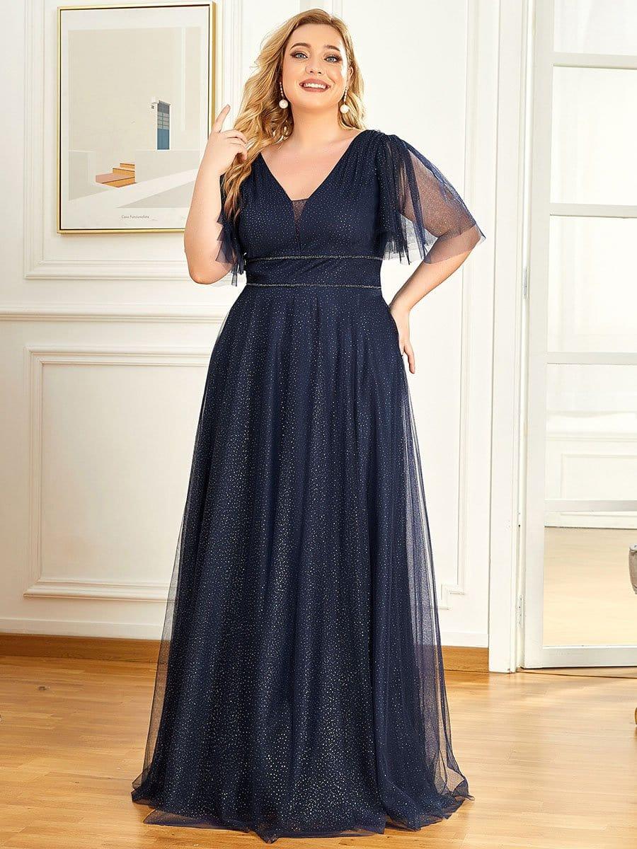 Romantic Plus Size A-Line Tulle Formal Evening Dress with Ruffle Sleeves