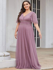 Romantic Plus Size A-Line Tulle Formal Evening Dress with Ruffle Sleeves