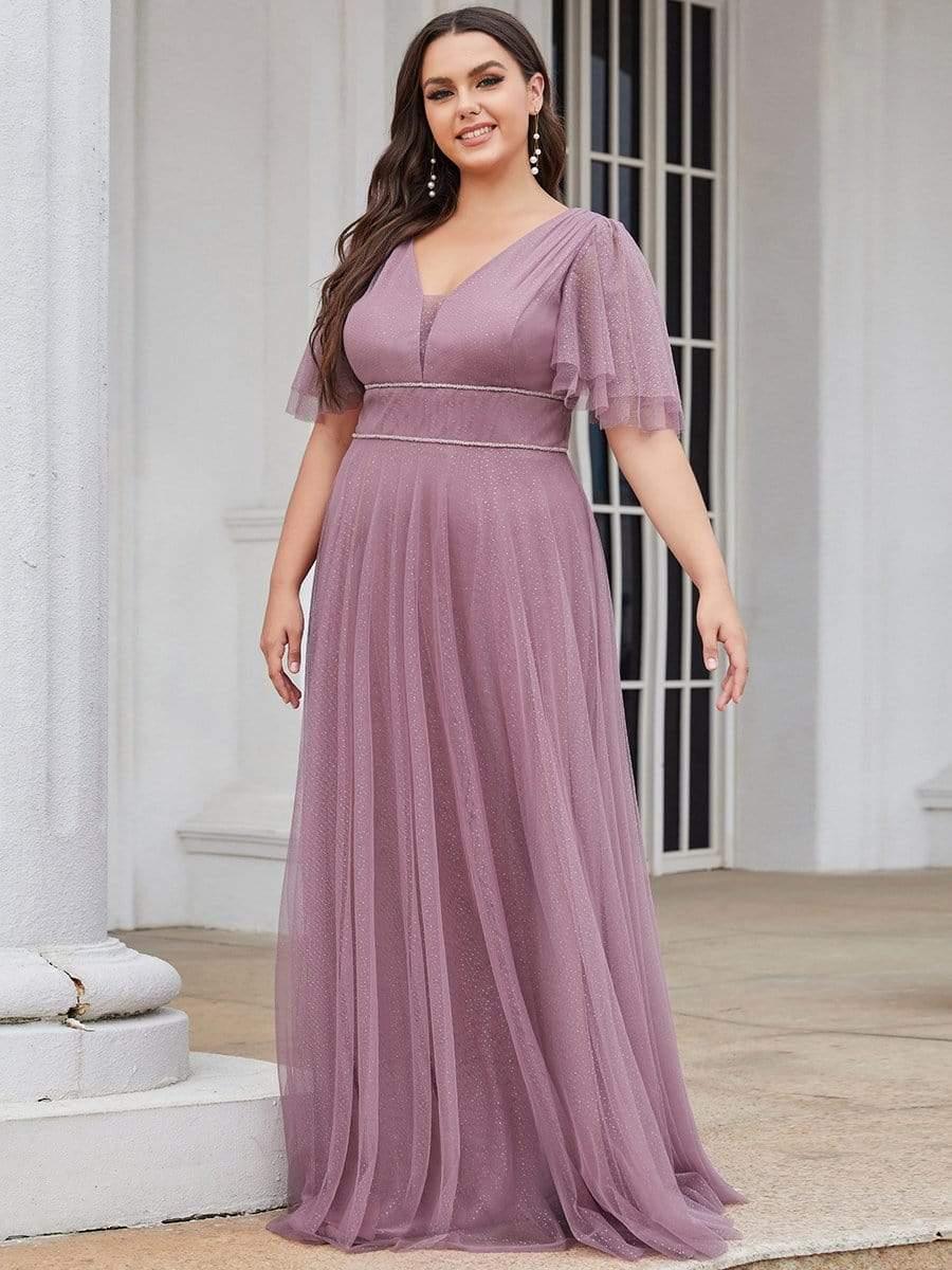 Romantic Plus Size A-Line Tulle Formal Evening Dress with Ruffle Sleeves