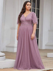 Romantic Plus Size A-Line Tulle Formal Evening Dress with Ruffle Sleeves
