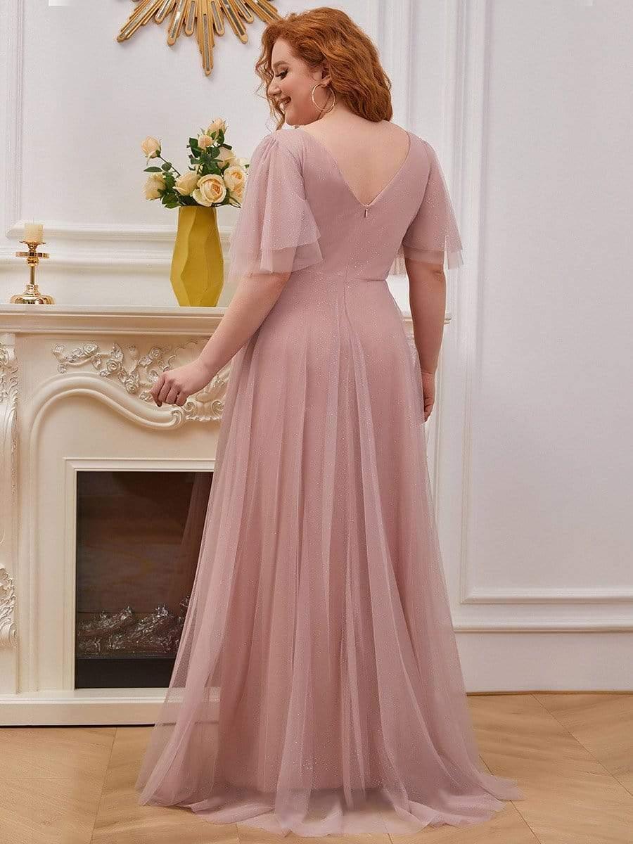 Romantic Plus Size A-Line Tulle Formal Evening Dress with Ruffle Sleeves