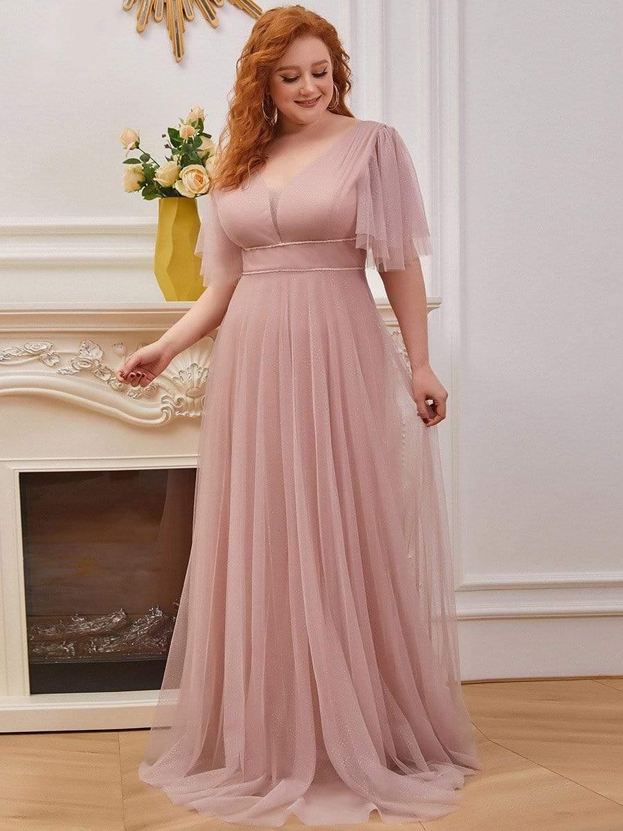 Romantic Plus Size A-Line Tulle Formal Evening Dress with Ruffle Sleeves