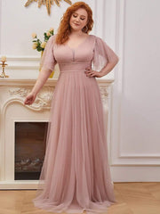 Romantic Plus Size A-Line Tulle Formal Evening Dress with Ruffle Sleeves