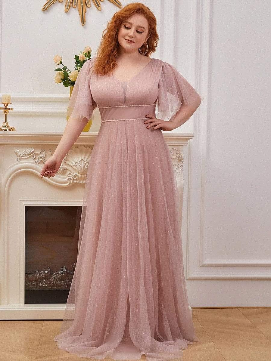 Romantic Plus Size A-Line Tulle Formal Evening Dress with Ruffle Sleeves