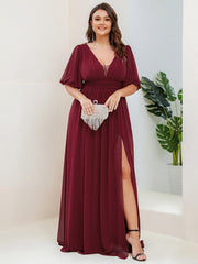 Alluring Plus Size V-Neck Short Sleeves Chiffon Evening Dress with Slit