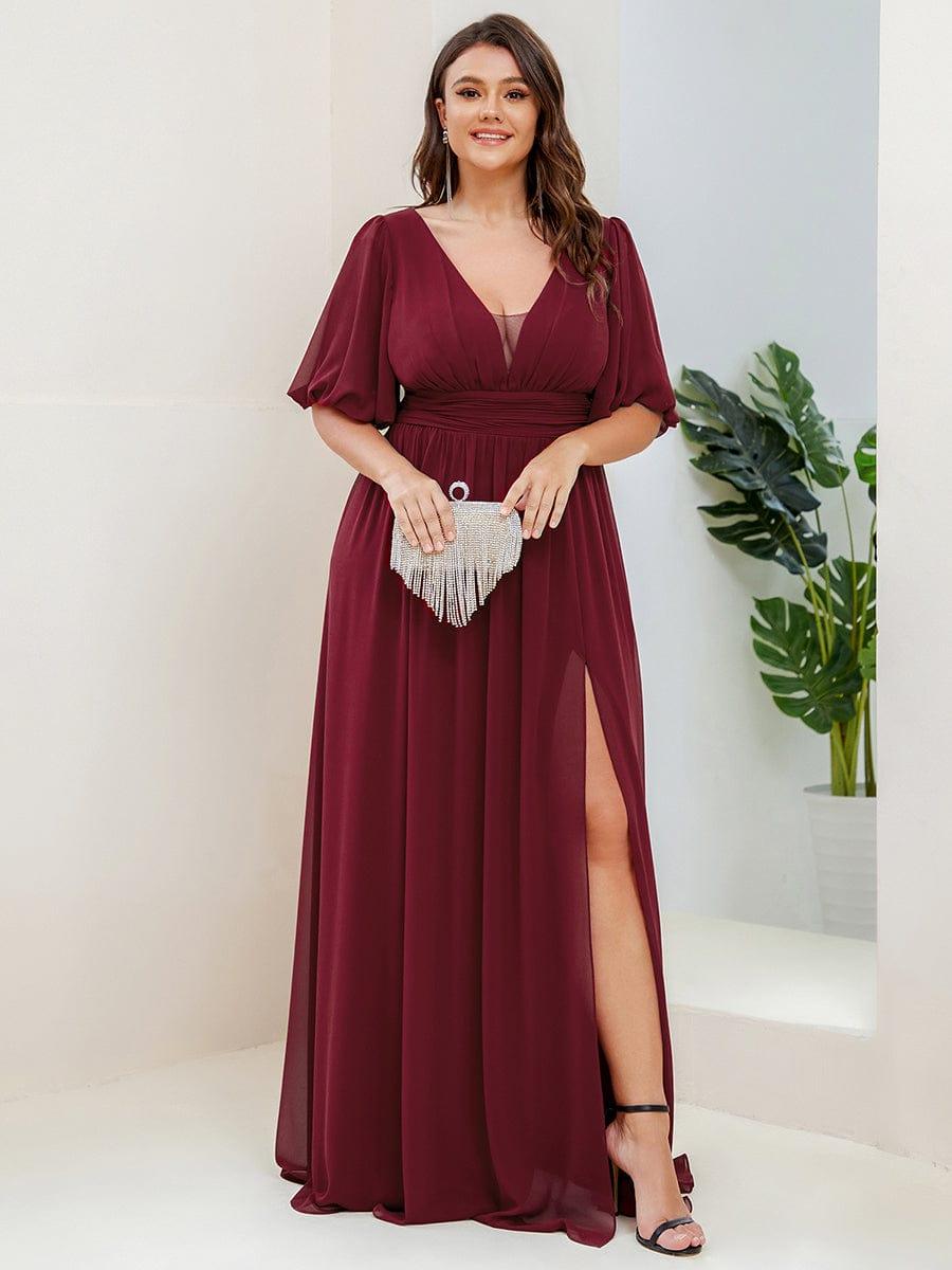 Alluring Plus Size V-Neck Short Sleeves Chiffon Evening Dress with Slit