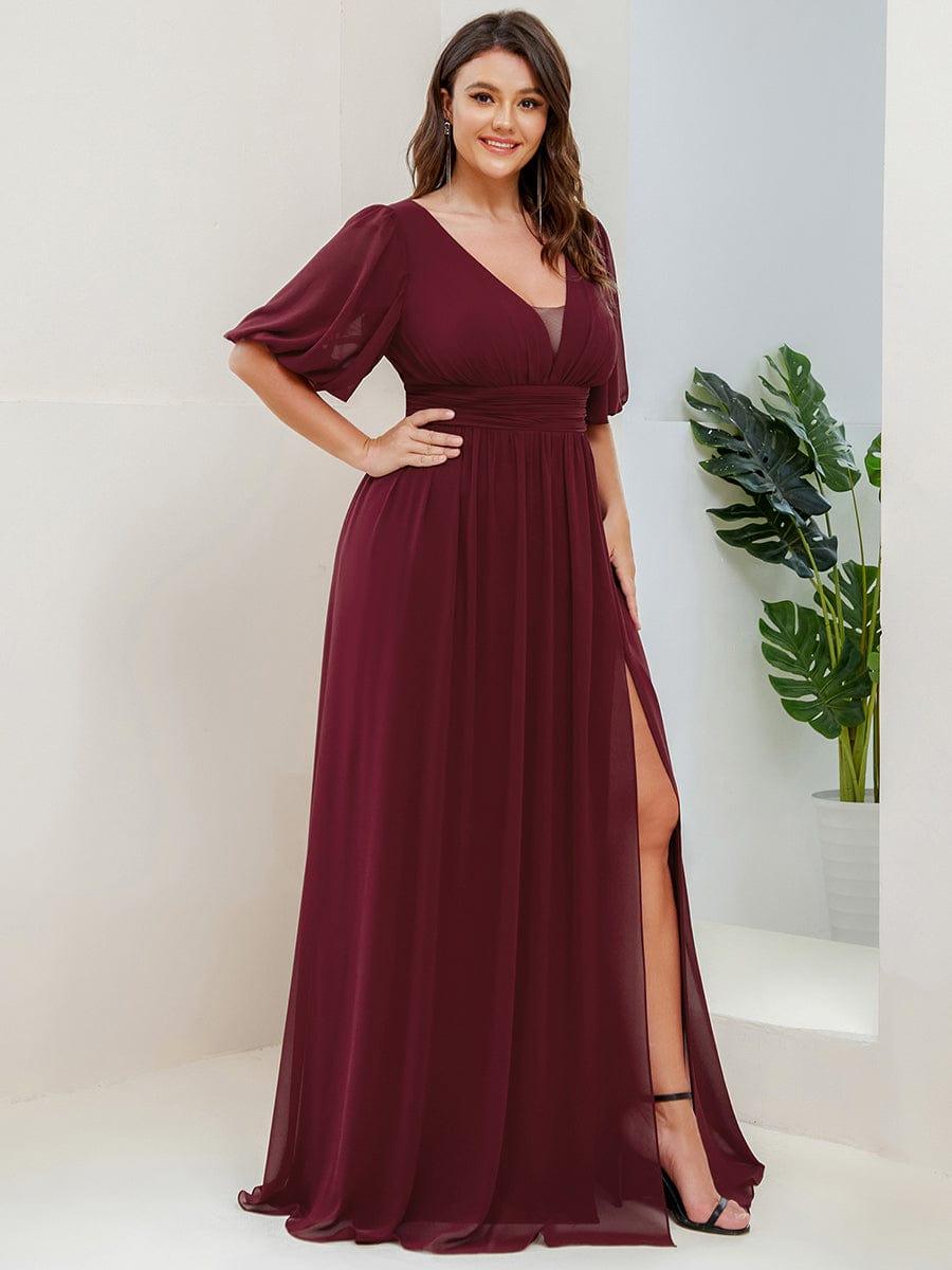 Alluring Plus Size V-Neck Short Sleeves Chiffon Evening Dress with Slit
