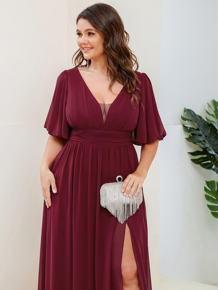 Alluring Plus Size V-Neck Short Sleeves Chiffon Evening Dress with Slit