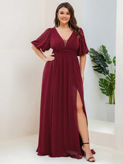 Alluring Plus Size V-Neck Short Sleeves Chiffon Evening Dress with Slit