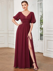Charming Chiffon A-Line V-Neck Evening Dress with Slit
