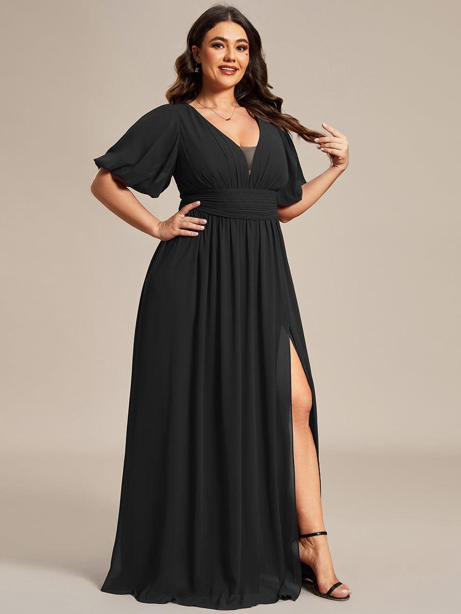 Alluring Plus Size V-Neck Short Sleeves Chiffon Evening Dress with Slit