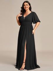 Alluring Plus Size V-Neck Short Sleeves Chiffon Evening Dress with Slit