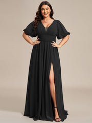 Alluring Plus Size V-Neck Short Sleeves Chiffon Evening Dress with Slit