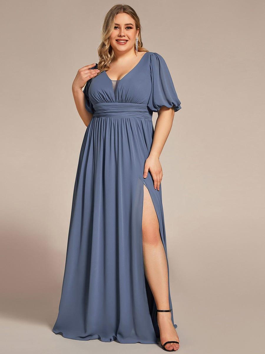 Alluring Plus Size V-Neck Short Sleeves Chiffon Evening Dress with Slit