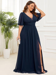 Alluring Plus Size V-Neck Short Sleeves Chiffon Evening Dress with Slit
