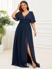 Alluring Plus Size V-Neck Short Sleeves Chiffon Evening Dress with Slit