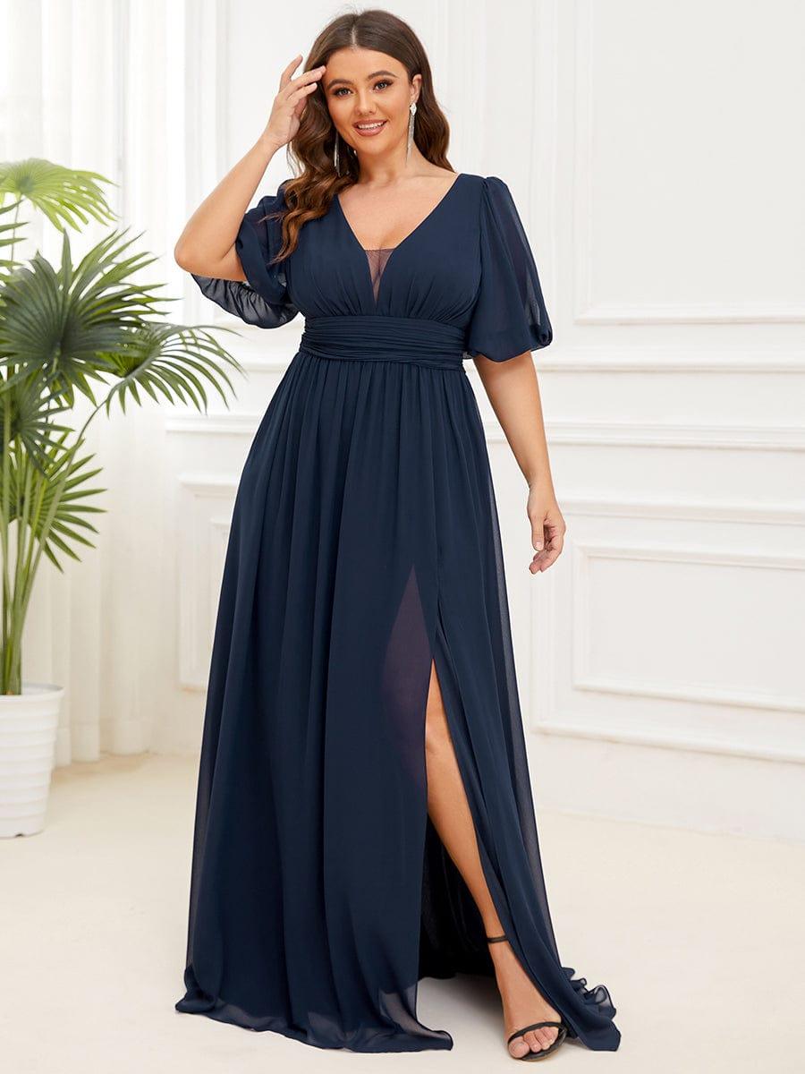 Alluring Plus Size V-Neck Short Sleeves Chiffon Evening Dress with Slit