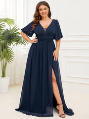 Alluring Plus Size V-Neck Short Sleeves Chiffon Evening Dress with Slit
