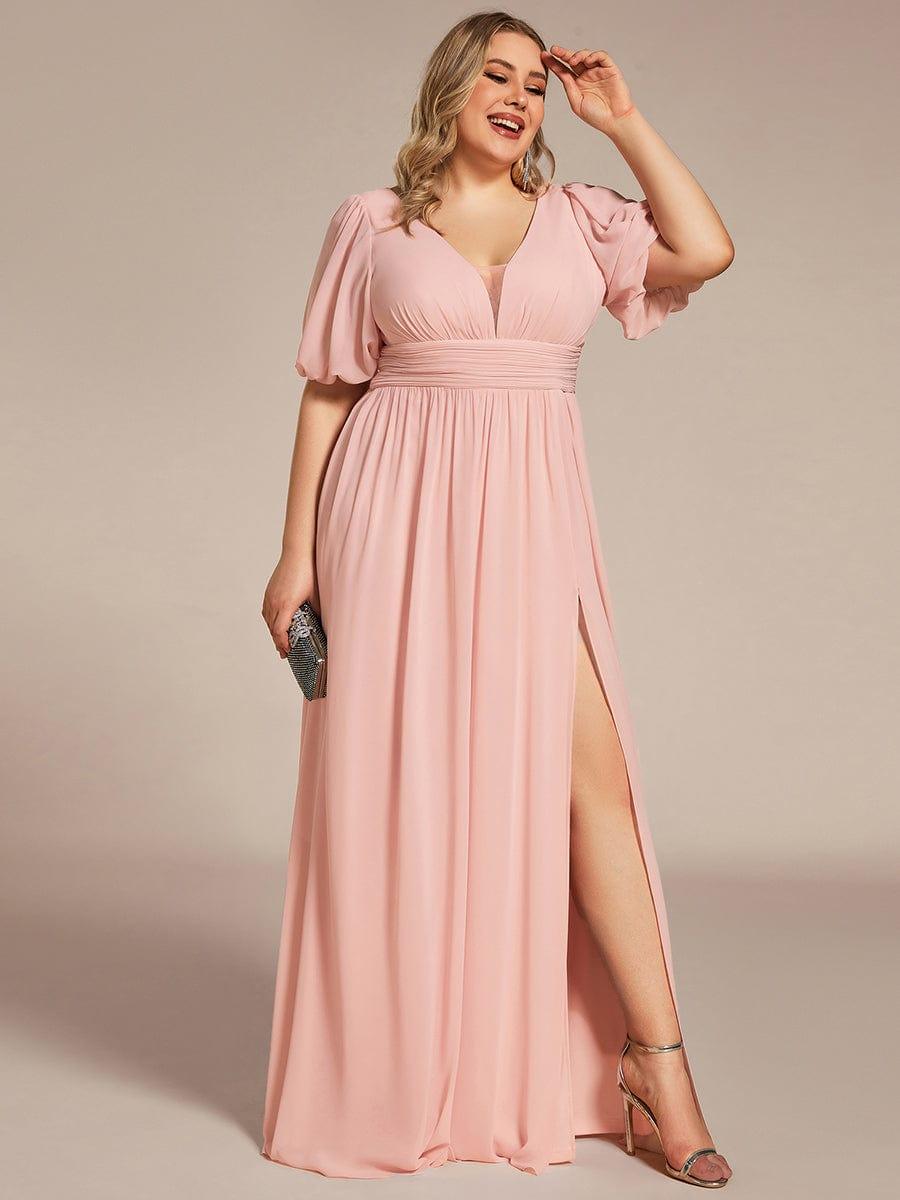 Alluring Plus Size V-Neck Short Sleeves Chiffon Evening Dress with Slit