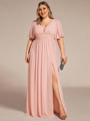 Alluring Plus Size V-Neck Short Sleeves Chiffon Evening Dress with Slit