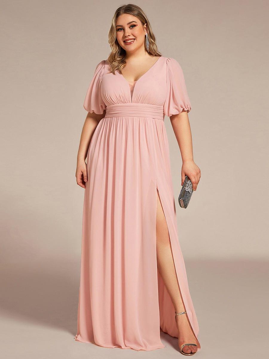 Alluring Plus Size V-Neck Short Sleeves Chiffon Evening Dress with Slit