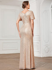 Charming Sequin V-Neck Mermaid Short Sleeves Evening Dress