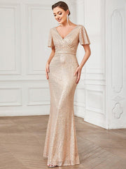 Charming Sequin V-Neck Mermaid Short Sleeves Evening Dress