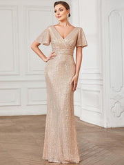 Charming Sequin V-Neck Mermaid Short Sleeves Evening Dress