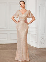 Charming Sequin V-Neck Mermaid Short Sleeves Evening Dress