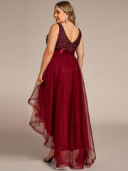 Classic Plus Size Hi-Lo Sequin Tulle Evening Dress with Ribbon