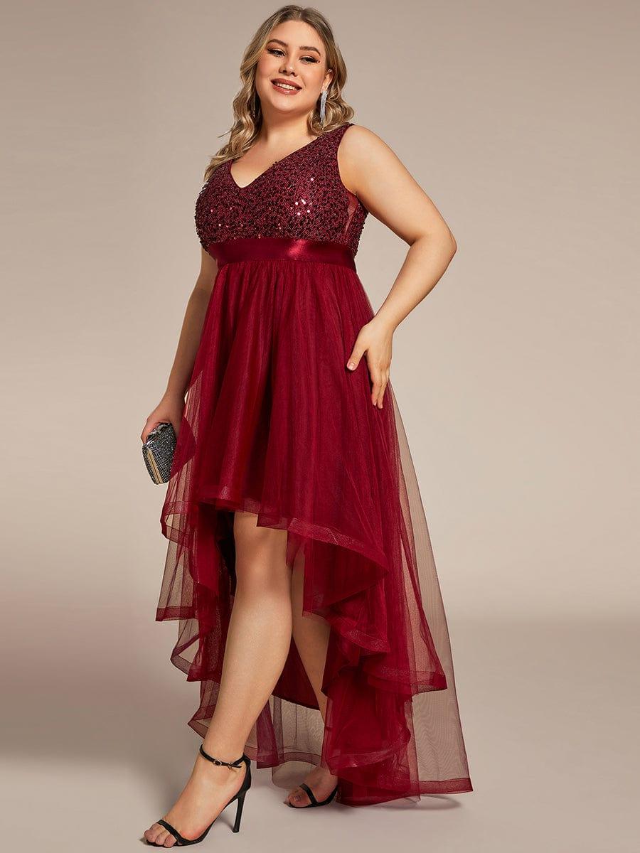 Classic Plus Size Hi-Lo Sequin Tulle Evening Dress with Ribbon