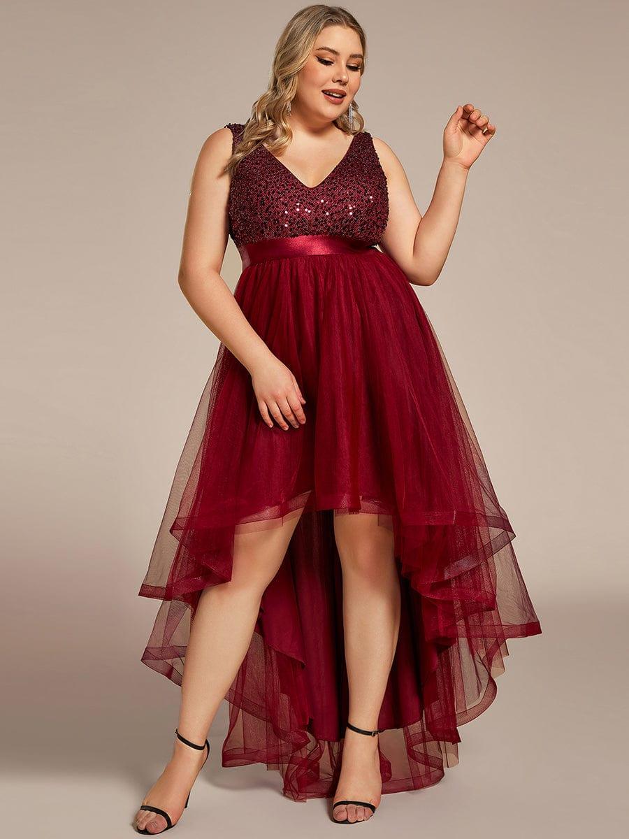 Classic Plus Size Hi-Lo Sequin Tulle Evening Dress with Ribbon