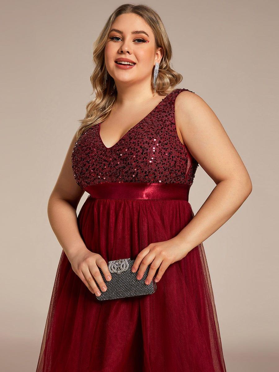 Classic Plus Size Hi-Lo Sequin Tulle Evening Dress with Ribbon