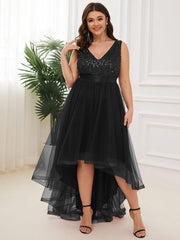 Classic Plus Size Hi-Lo Sequin Tulle Evening Dress with Ribbon