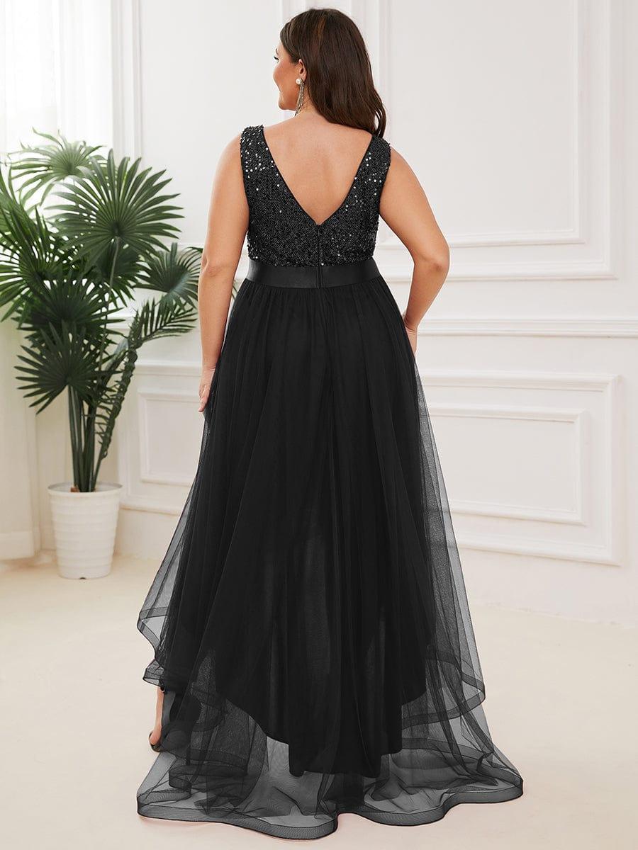 Classic Plus Size Hi-Lo Sequin Tulle Evening Dress with Ribbon