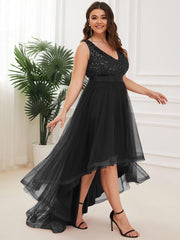 Classic Plus Size Hi-Lo Sequin Tulle Evening Dress with Ribbon